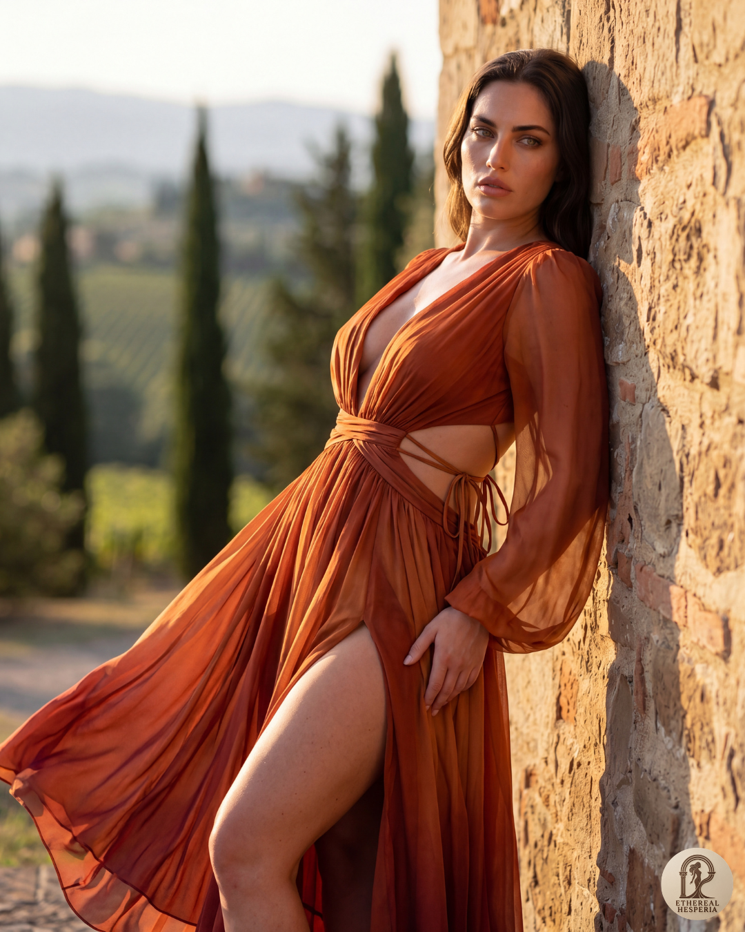 Sculptural elegance draped in Tuscan golden hour light
